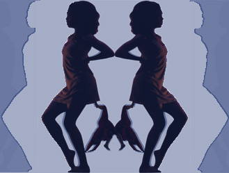 Image of dancers reflected back to back on hues of blue